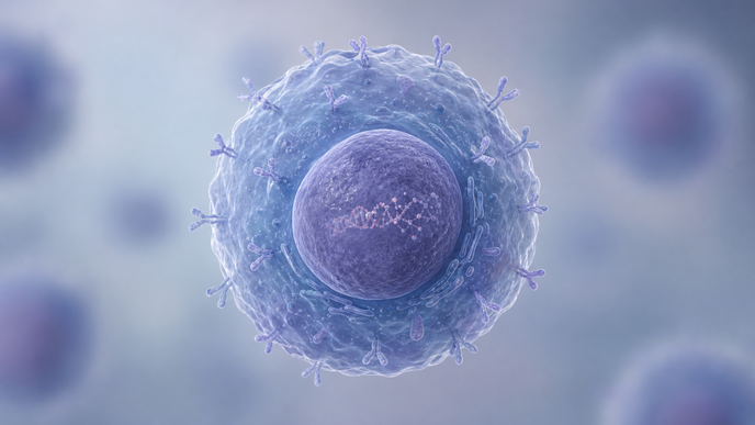 Illustrated resting naive B cell with an interferon response cue in systemic lupus erythematosus